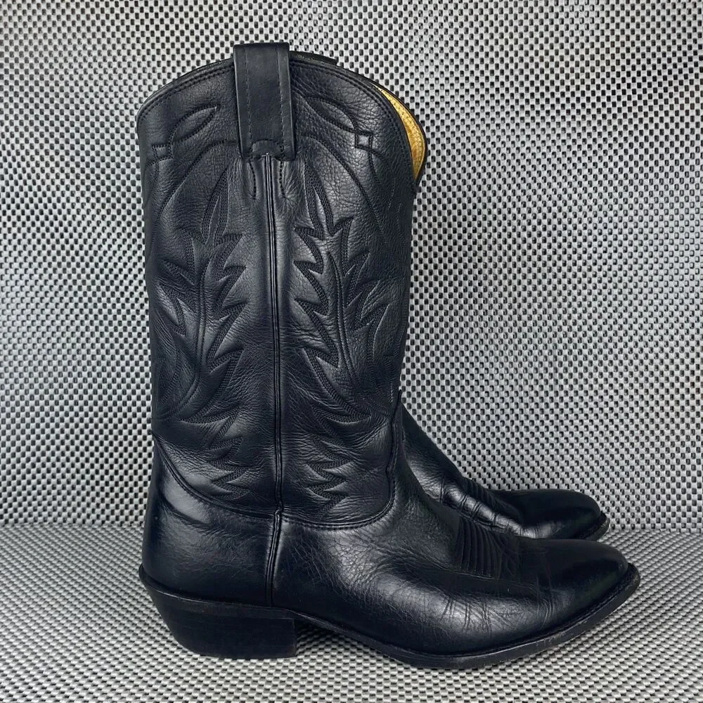 Nocona Cowboy Boots Mens 9 2E Black Leather Western Embroidered Made in USA